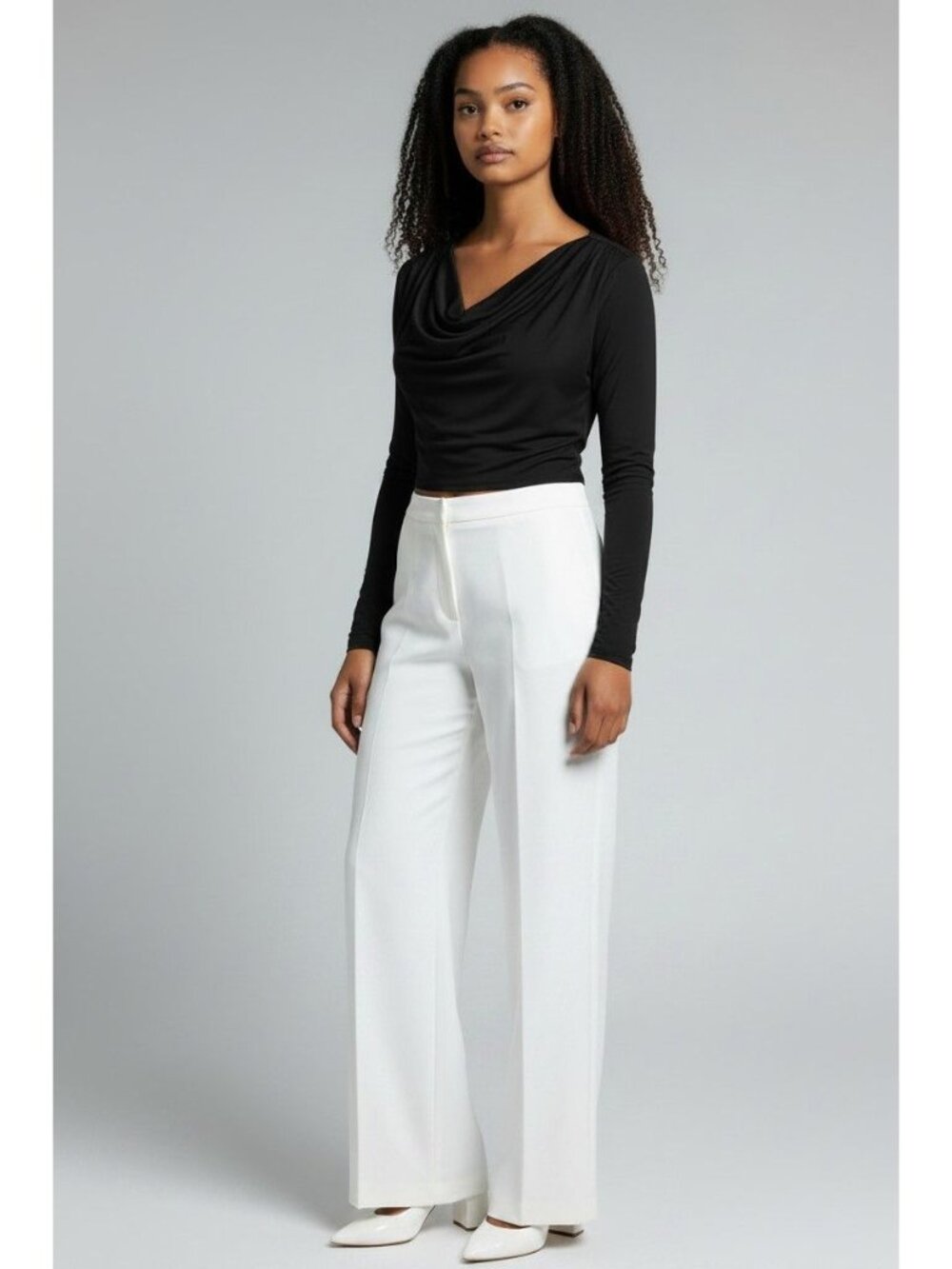 Open Edit Cowl Neck Long Sleeve Crop Top, Black